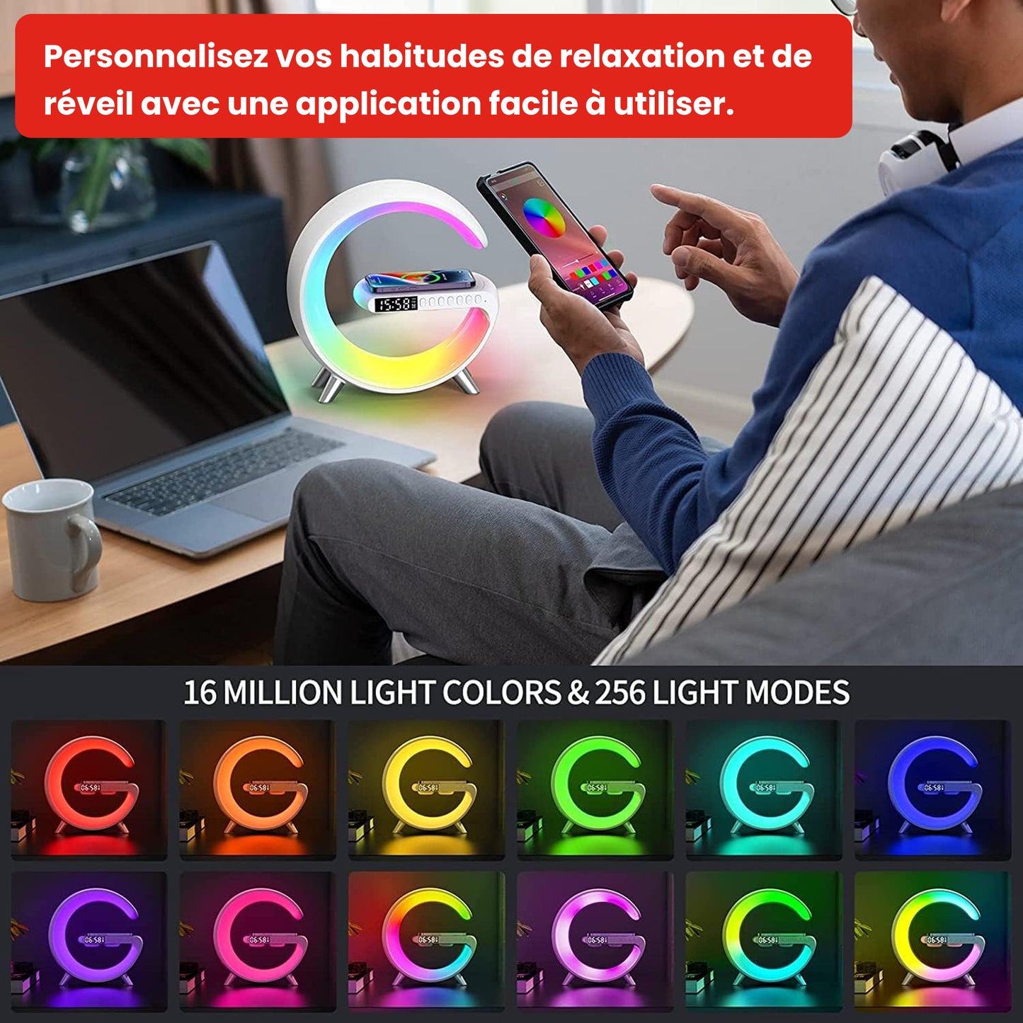 Chargeur sans fil 4 en 1 : RGB Light Enceinte Bluetooth