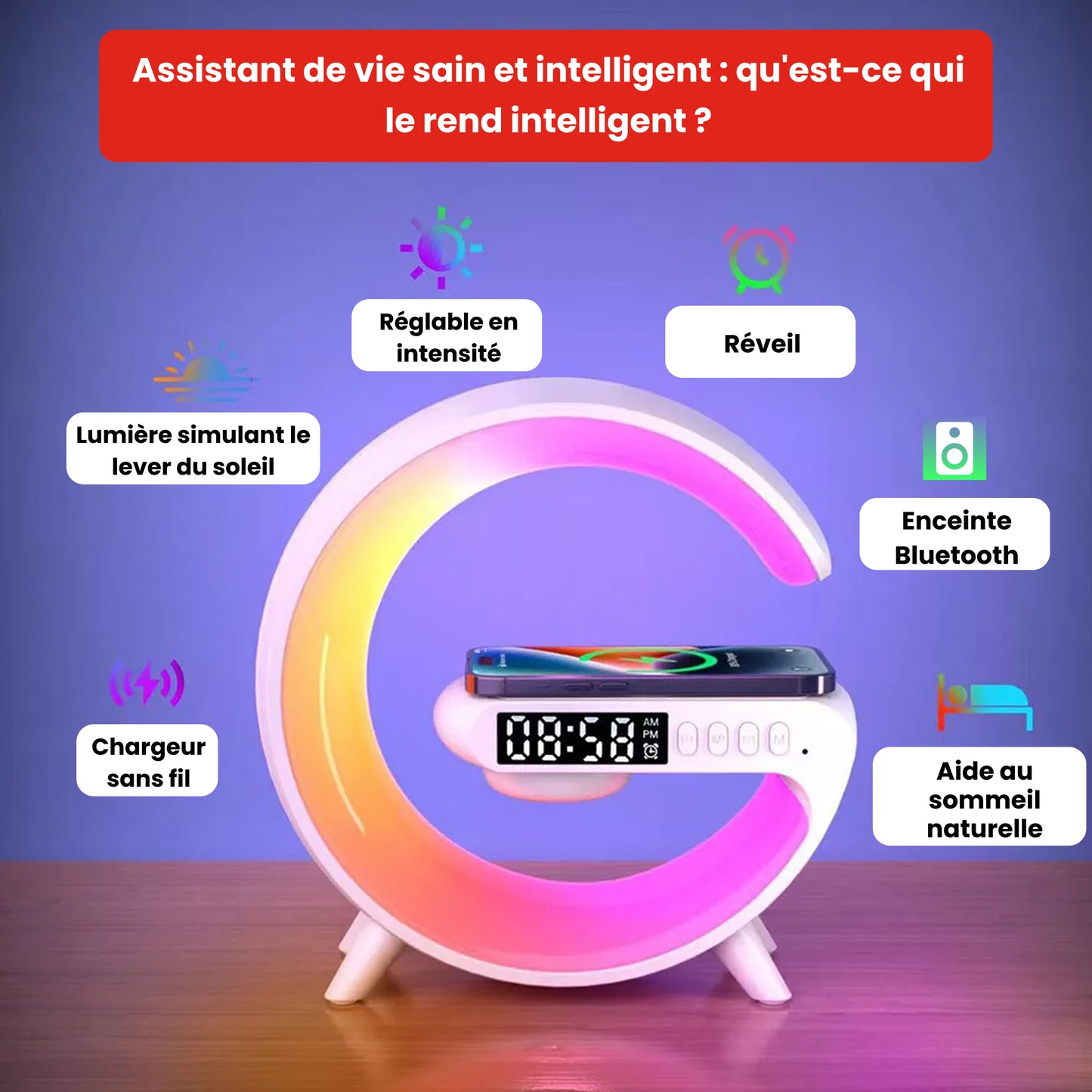 Chargeur sans fil 4 en 1 : RGB Light Enceinte Bluetooth